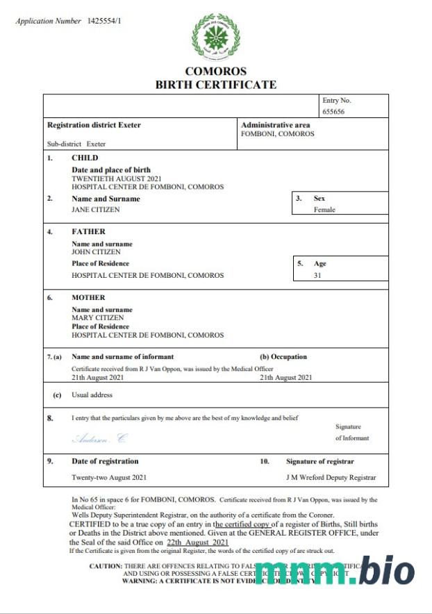 Comoros narodziny certyfikat Word i PDF szablon